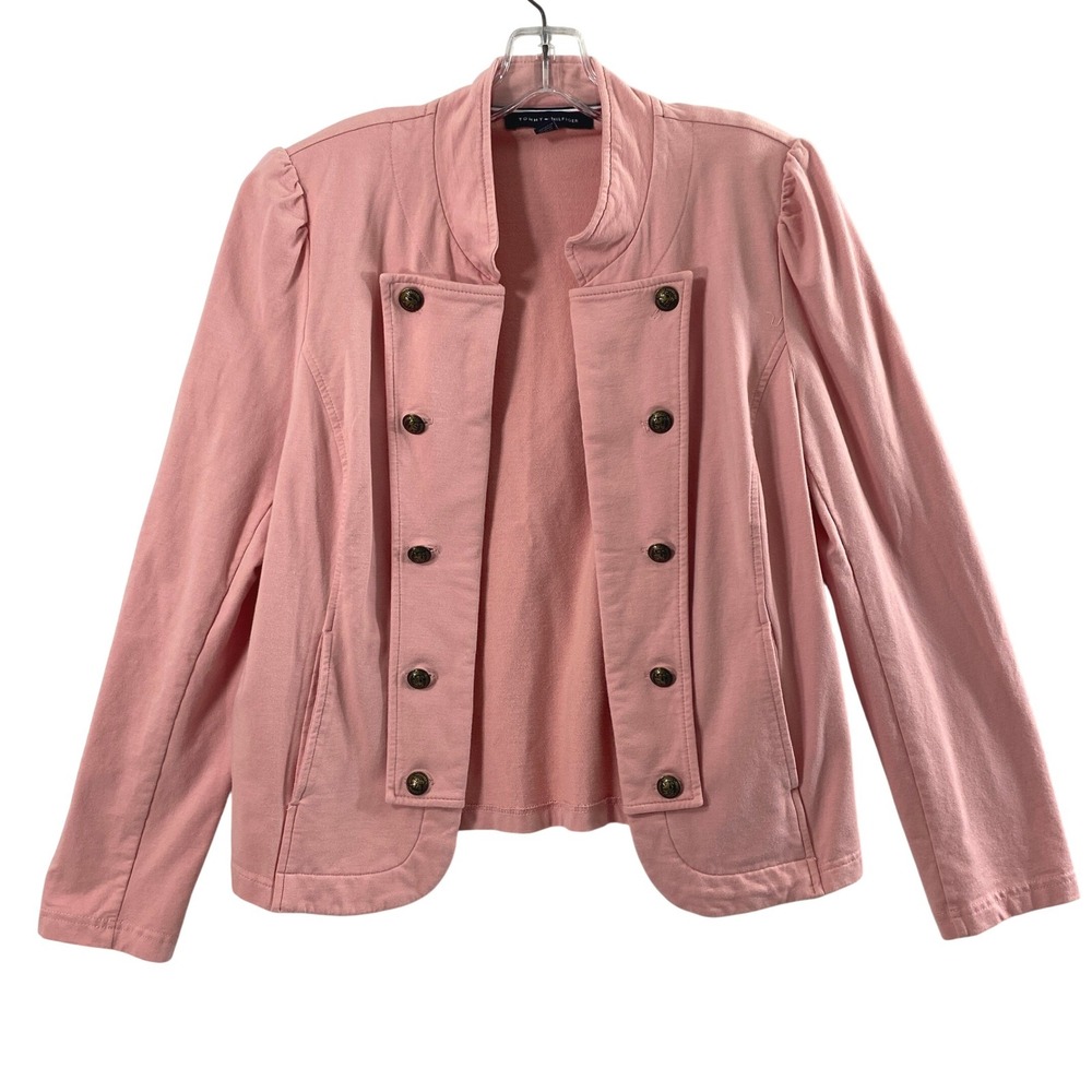 Tommy Hilfiger Jacket Women L Pink Military Double Breasted Knit Crest Buttons